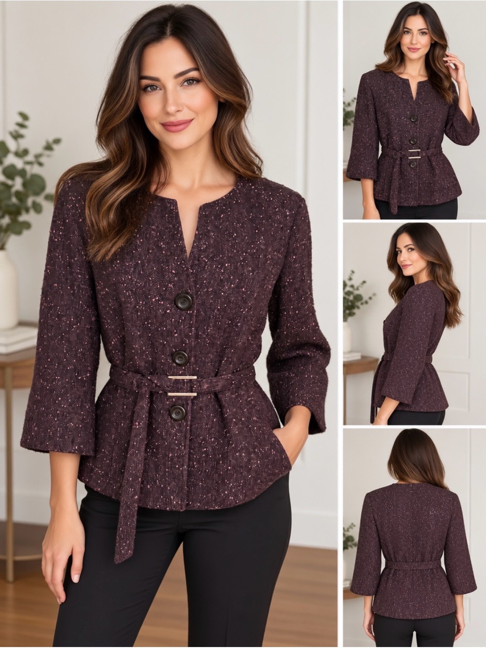 Lafayette 148 New York Plum Tweed Belted Peplum Jacket Size 4